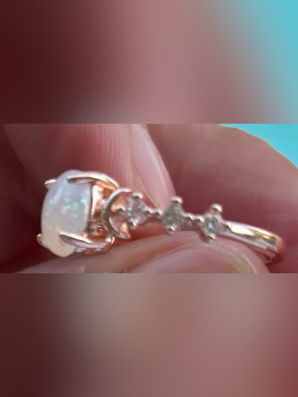 Opal and Moonstone Rose Gold Ring - White Opal Accent - Picture 4 of 5